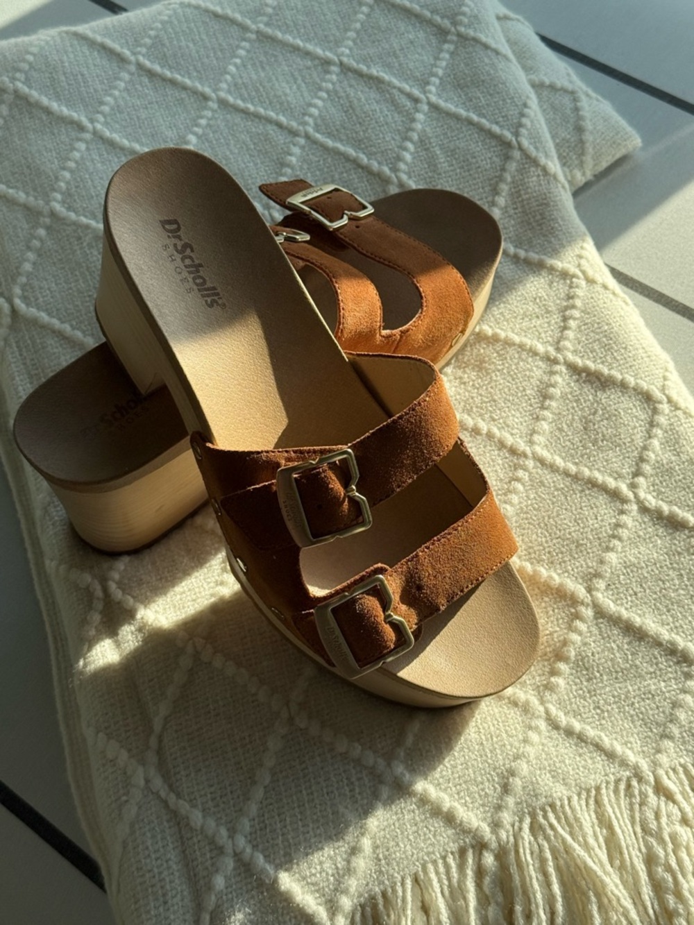 Dr. Scholl's Brown Suede Double Buckle Platform Clogs